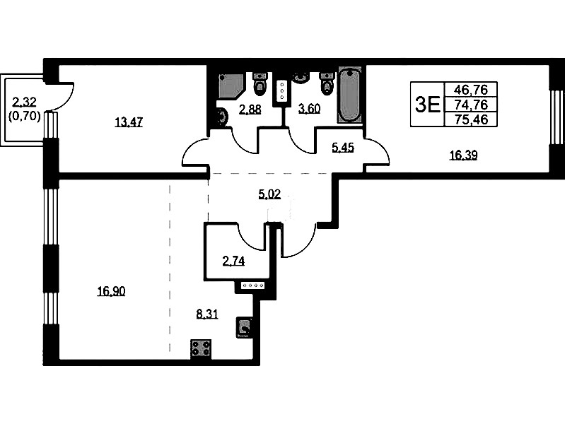 2-комнатная квартира 75.46 м², 6/9 эт., ЖК «Квартал Лаголово»